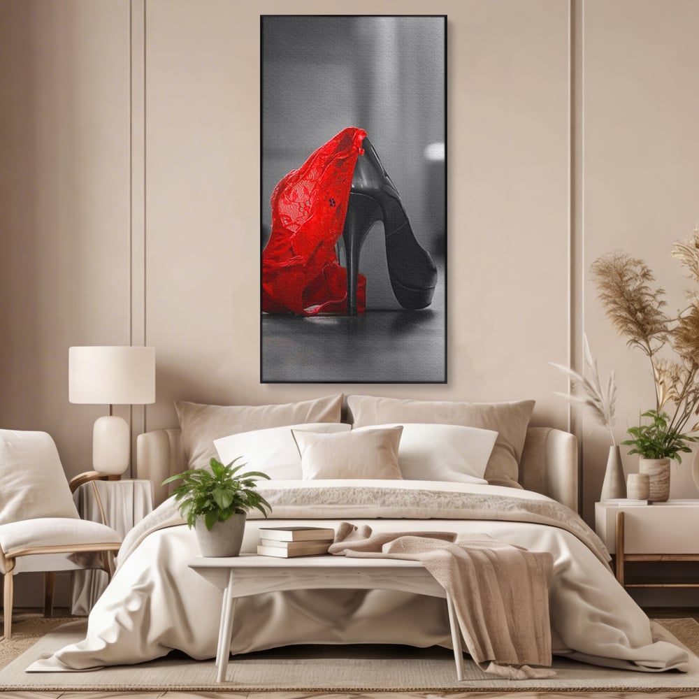 Tablou Canvas Premium, LuxCanva® P1015, Ultimul Pas al Seductiei, Feminin, Senzual, Sexy, Dantela, Stiletto, Pantofi, Pasiune, Alb si Negru, Dormitor, Living
