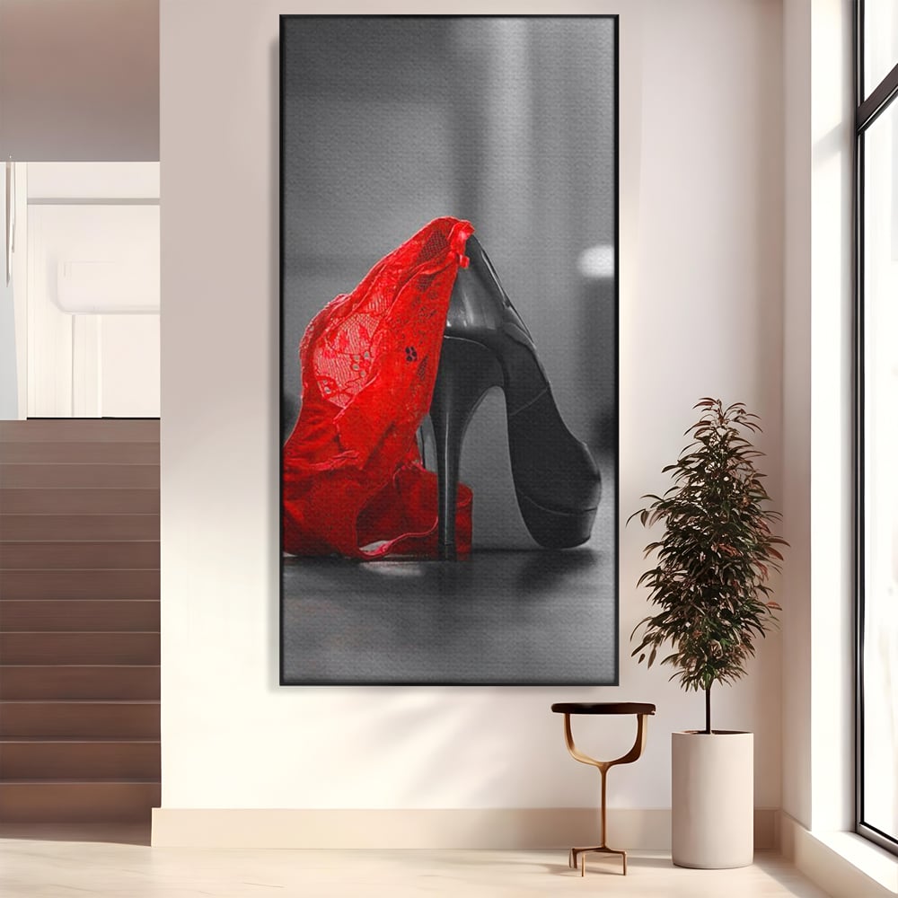 Tablou Canvas Premium, LuxCanva® P1015, Ultimul Pas al Seductiei, Feminin, Senzual, Sexy, Dantela, Stiletto, Pantofi, Pasiune, Alb si Negru, Dormitor, Living