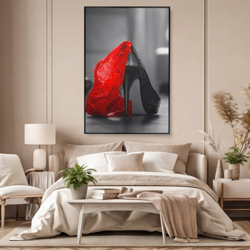Tablou Canvas Premium, LuxCanva® P1015, Ultimul Pas al Seductiei, Feminin, Senzual, Sexy, Dantela, Stiletto, Pantofi, Pasiune, Alb si Negru, Dormitor, Living