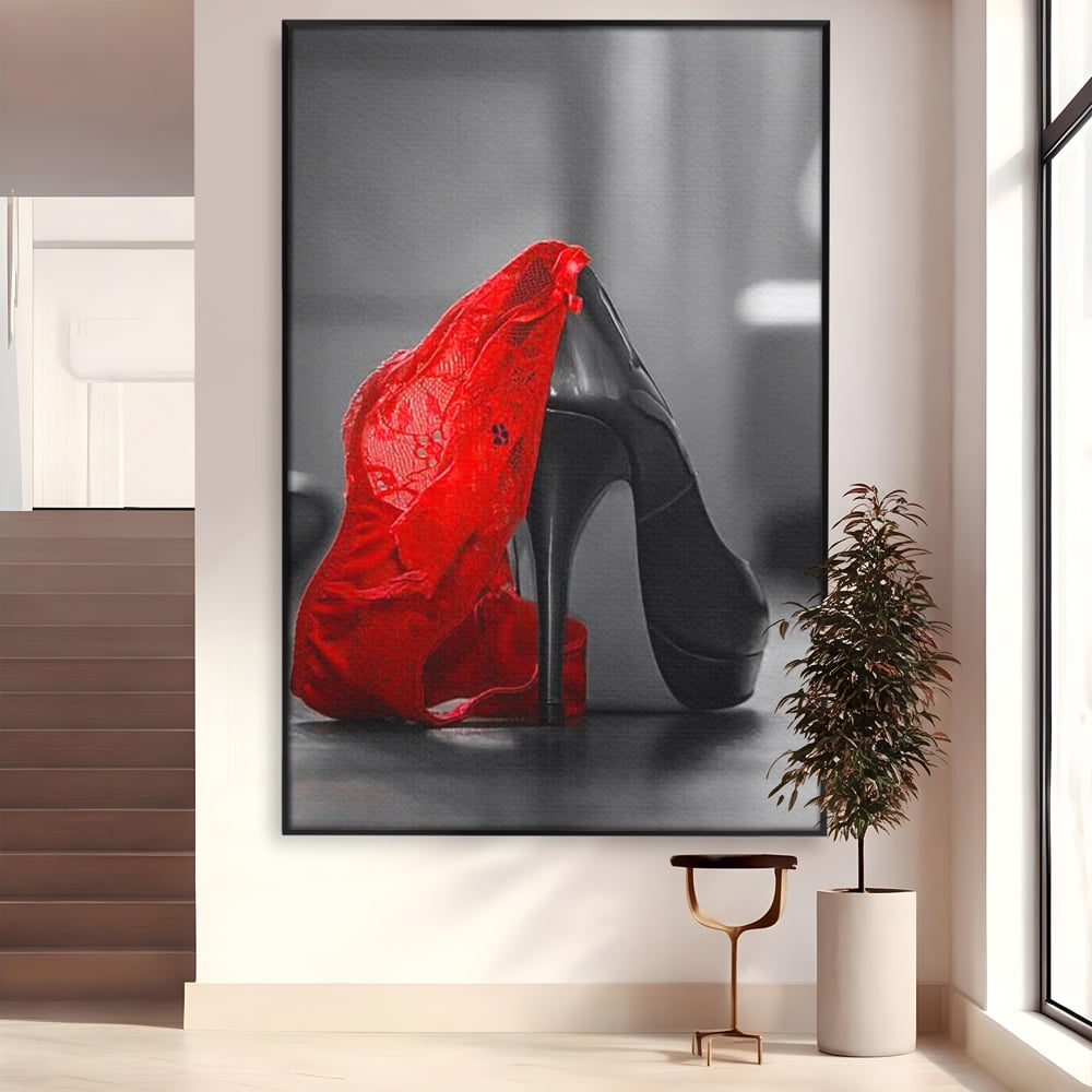Tablou Canvas Premium, LuxCanva® P1015, Ultimul Pas al Seductiei, Feminin, Senzual, Sexy, Dantela, Stiletto, Pantofi, Pasiune, Alb si Negru, Dormitor, Living