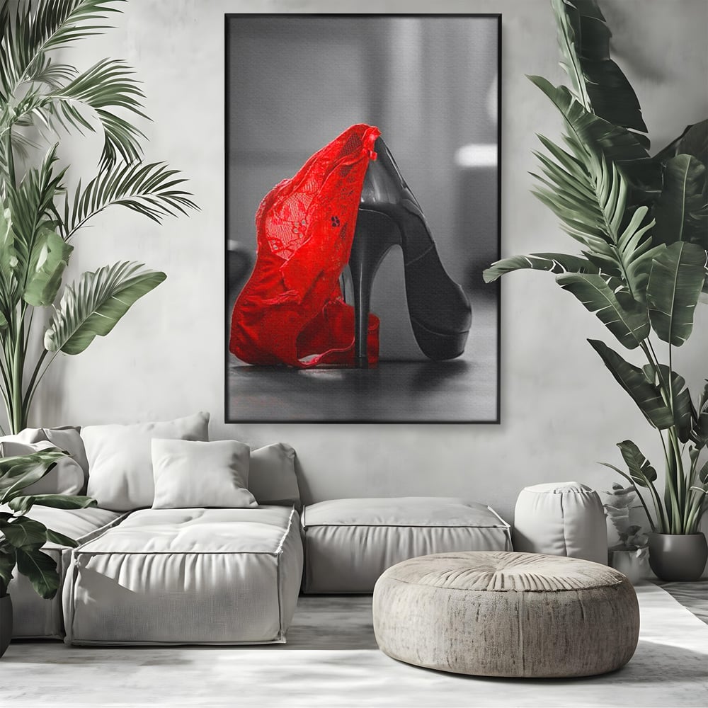 Tablou Canvas Premium, LuxCanva® P1015, Ultimul Pas al Seductiei, Feminin, Senzual, Sexy, Dantela, Stiletto, Pantofi, Pasiune, Alb si Negru, Dormitor, Living