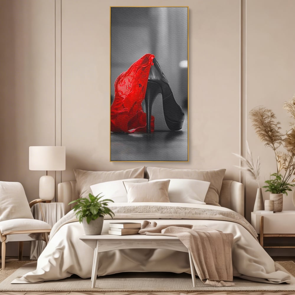 Tablou Canvas Premium, LuxCanva® P1015, Ultimul Pas al Seductiei, Feminin, Senzual, Sexy, Dantela, Stiletto, Pantofi, Pasiune, Alb si Negru, Dormitor, Living