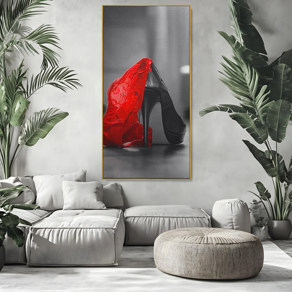 Tablou Canvas Premium, LuxCanva® P1015, Ultimul Pas al Seductiei, Feminin, Senzual, Sexy, Dantela, Stiletto, Pantofi, Pasiune, Alb si Negru, Dormitor, Living