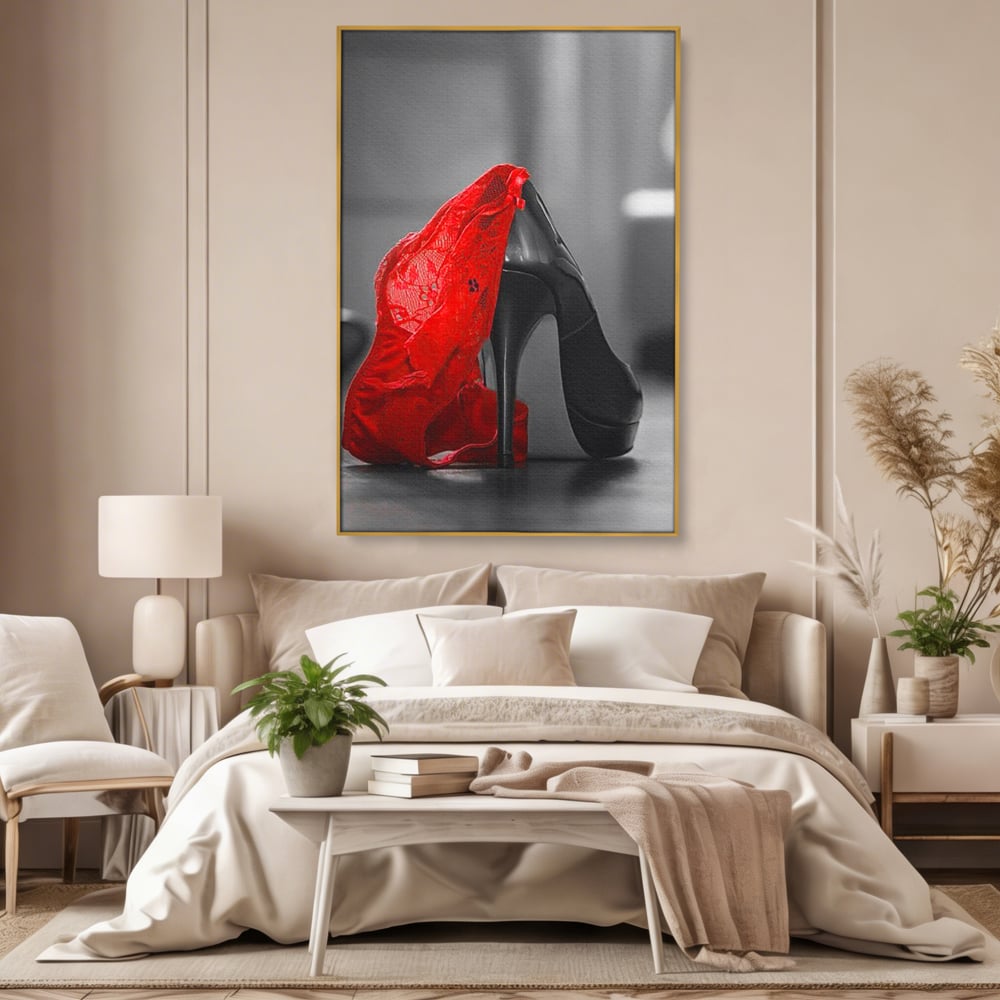 Tablou Canvas Premium, LuxCanva® P1015, Ultimul Pas al Seductiei, Feminin, Senzual, Sexy, Dantela, Stiletto, Pantofi, Pasiune, Alb si Negru, Dormitor, Living