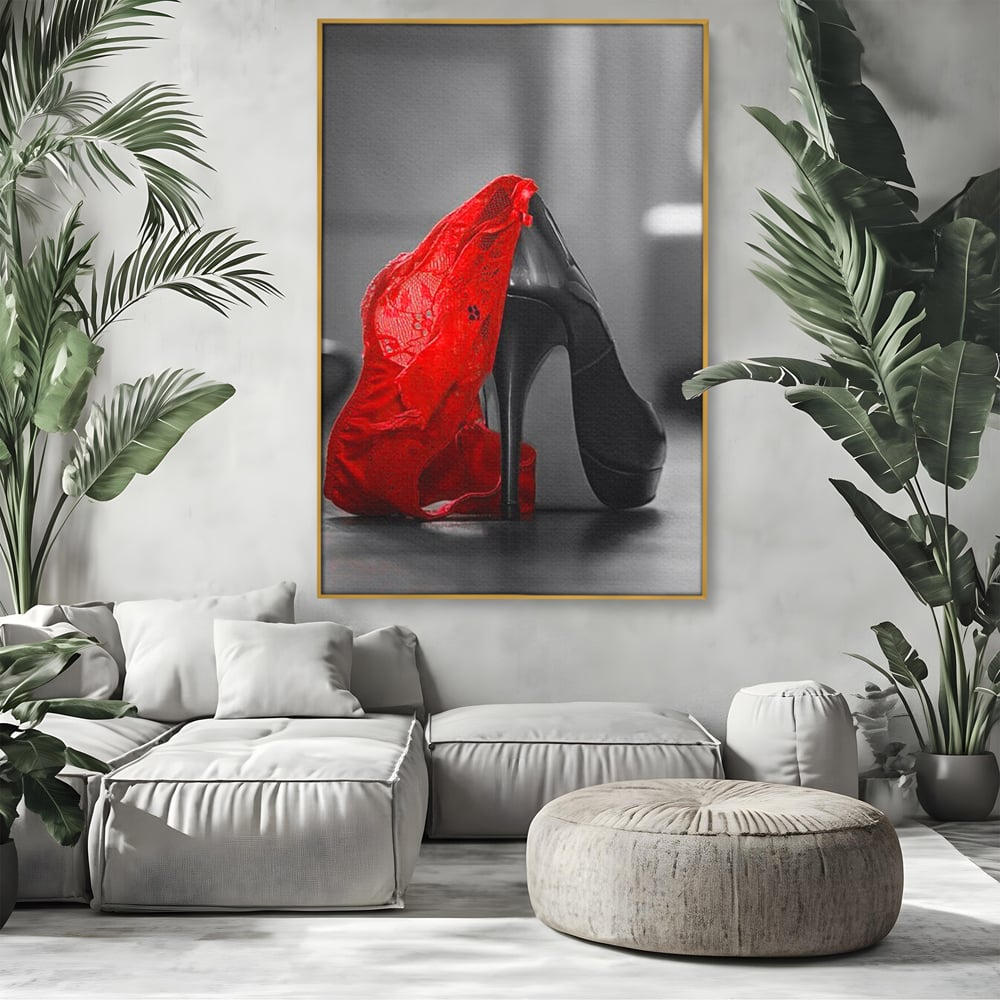 Tablou Canvas Premium, LuxCanva® P1015, Ultimul Pas al Seductiei, Feminin, Senzual, Sexy, Dantela, Stiletto, Pantofi, Pasiune, Alb si Negru, Dormitor, Living