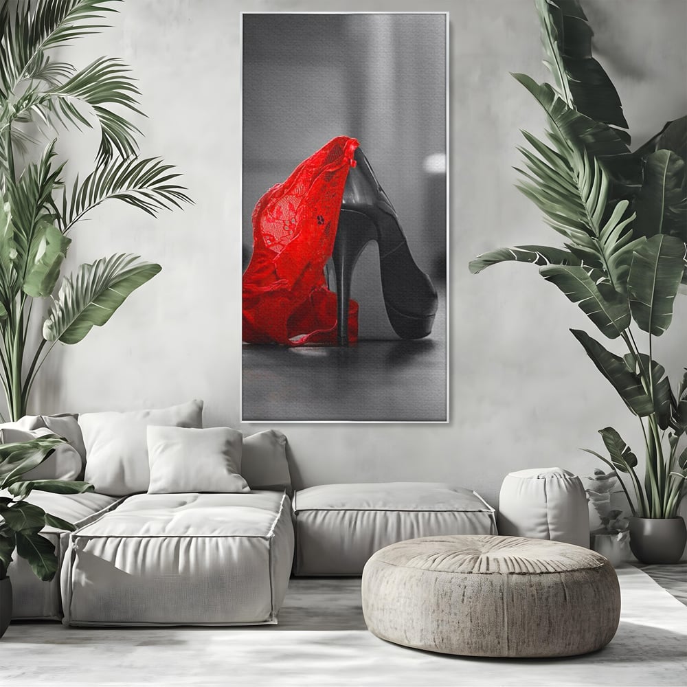 Tablou Canvas Premium, LuxCanva® P1015, Ultimul Pas al Seductiei, Feminin, Senzual, Sexy, Dantela, Stiletto, Pantofi, Pasiune, Alb si Negru, Dormitor, Living