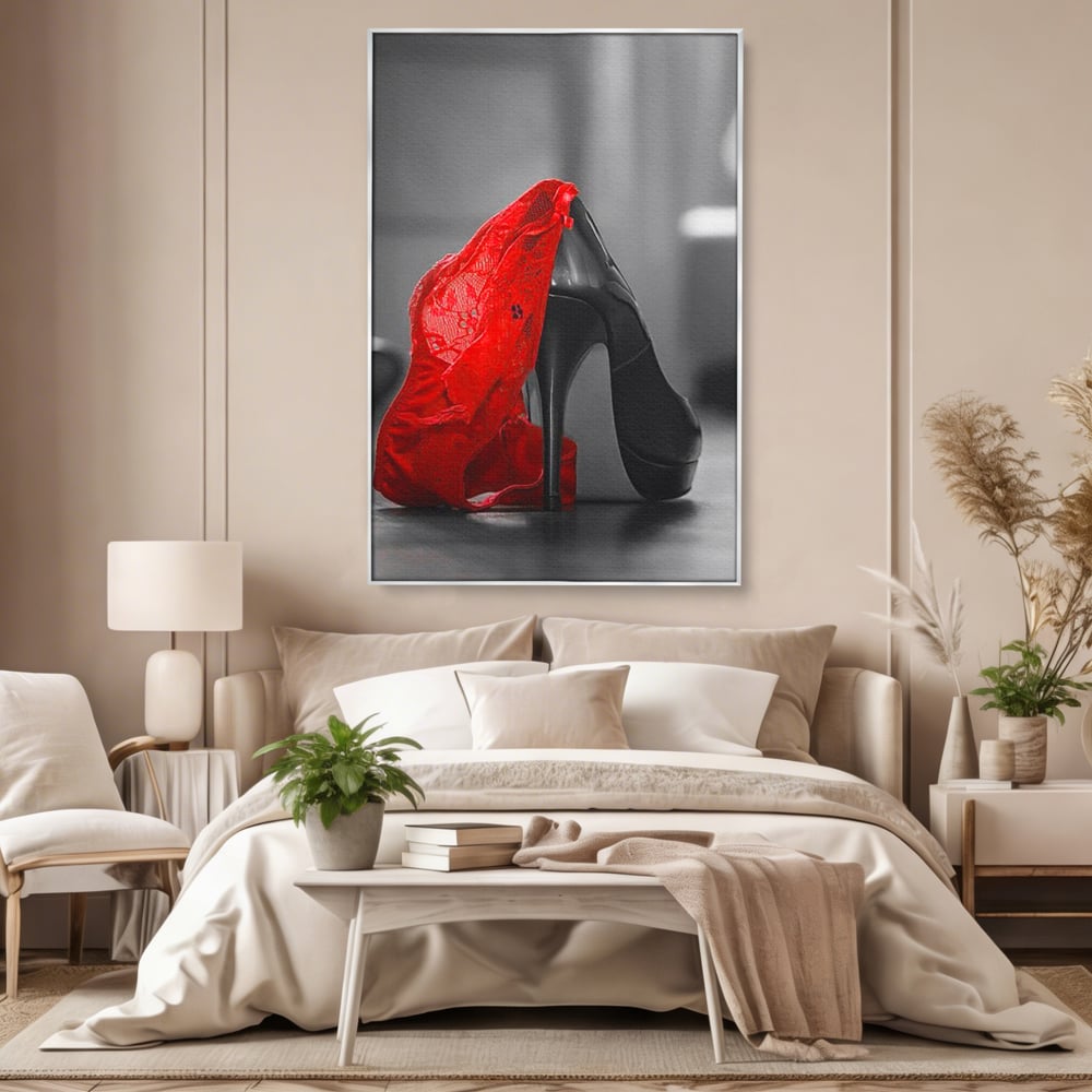 Tablou Canvas Premium, LuxCanva® P1015, Ultimul Pas al Seductiei, Feminin, Senzual, Sexy, Dantela, Stiletto, Pantofi, Pasiune, Alb si Negru, Dormitor, Living
