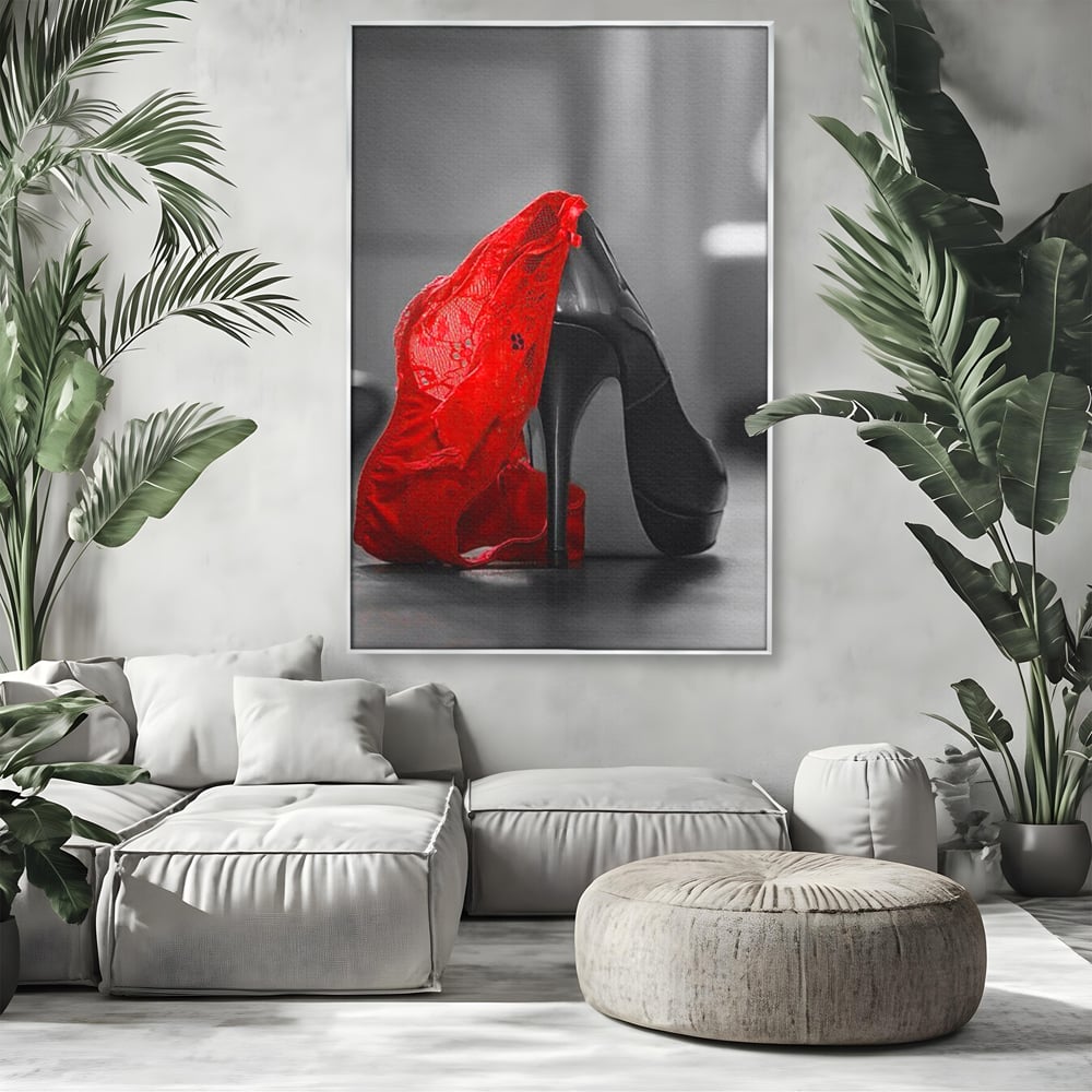 Tablou Canvas Premium, LuxCanva® P1015, Ultimul Pas al Seductiei, Feminin, Senzual, Sexy, Dantela, Stiletto, Pantofi, Pasiune, Alb si Negru, Dormitor, Living