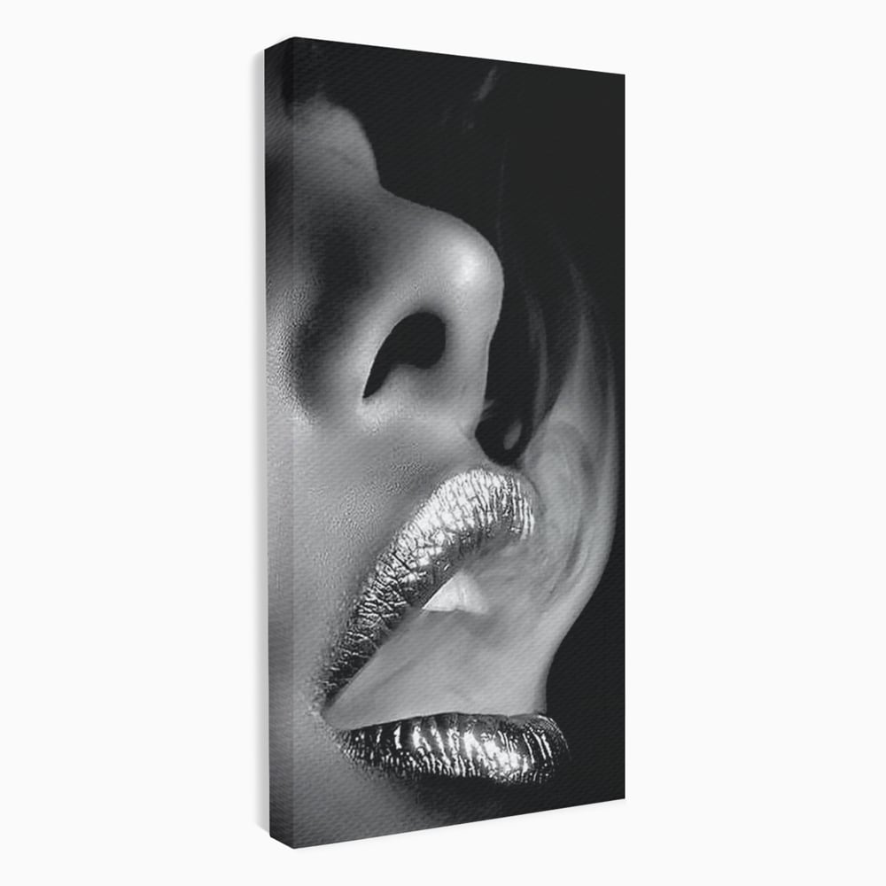 Tablou Canvas Premium, LuxCanva® P1017, Soapta de Argint, Buze, Fum, Metalic, Glamour, Alb, Negru, Seductie, Umbra, Feminitate, Dormitor, Living