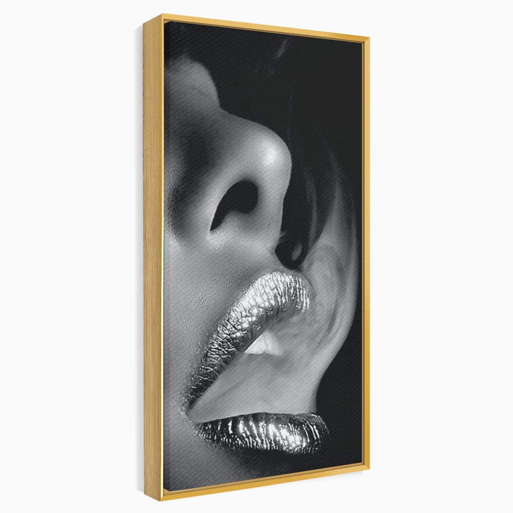 Tablou Canvas Premium, LuxCanva® P1017, Soapta de Argint, Buze, Fum, Metalic, Glamour, Alb, Negru, Seductie, Umbra, Feminitate, Dormitor, Living