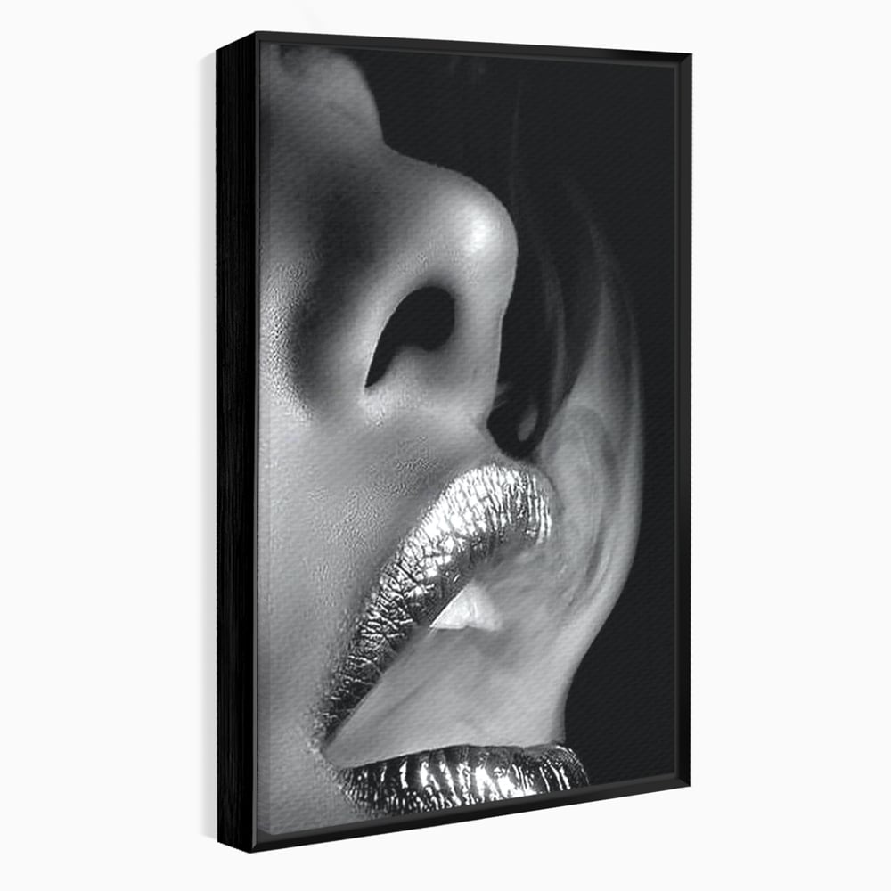 Tablou Canvas Premium, LuxCanva® P1017, Soapta de Argint, Buze, Fum, Metalic, Glamour, Alb, Negru, Seductie, Umbra, Feminitate, Dormitor, Living