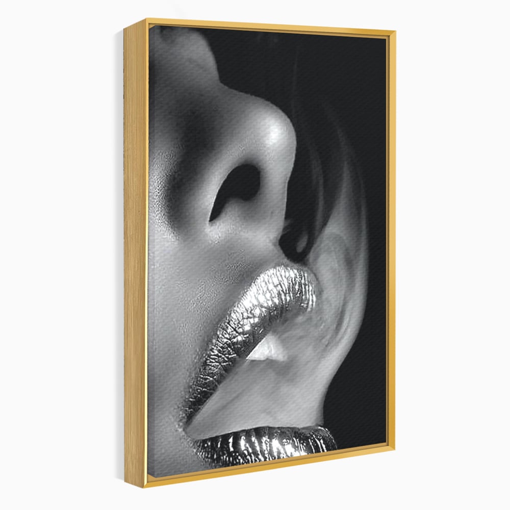 Tablou Canvas Premium, LuxCanva® P1017, Soapta de Argint, Buze, Fum, Metalic, Glamour, Alb, Negru, Seductie, Umbra, Feminitate, Dormitor, Living
