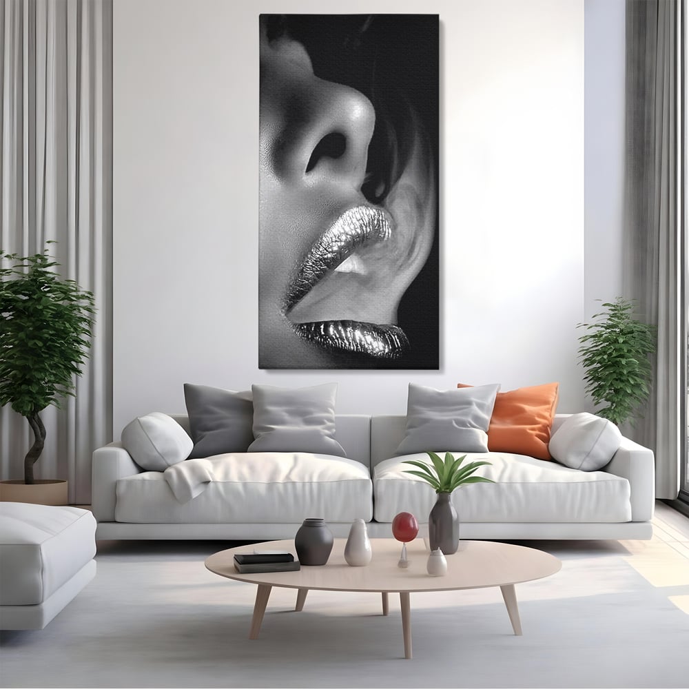 Tablou Canvas Premium, LuxCanva® P1017, Soapta de Argint, Buze, Fum, Metalic, Glamour, Alb, Negru, Seductie, Umbra, Feminitate, Dormitor, Living