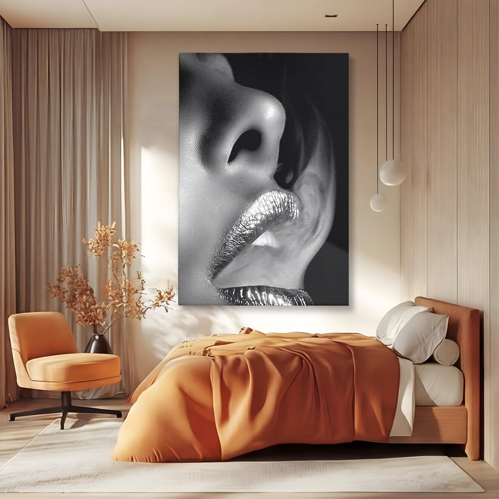 Tablou Canvas Premium, LuxCanva® P1017, Soapta de Argint, Buze, Fum, Metalic, Glamour, Alb, Negru, Seductie, Umbra, Feminitate, Dormitor, Living