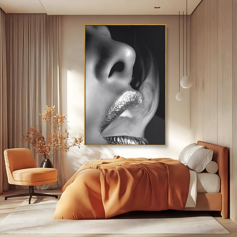Tablou Canvas Premium, LuxCanva® P1017, Soapta de Argint, Buze, Fum, Metalic, Glamour, Alb, Negru, Seductie, Umbra, Feminitate, Dormitor, Living