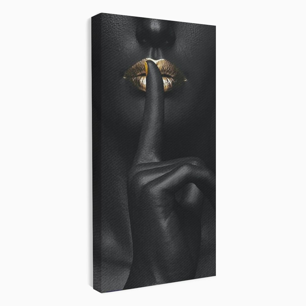Tablou Canvas Premium, LuxCanva® P1018, Secretul Nostru, Auriu, Negru, Mister, Secret, Soapta, Buze, Senzual, Glamour, Dormitor, Living