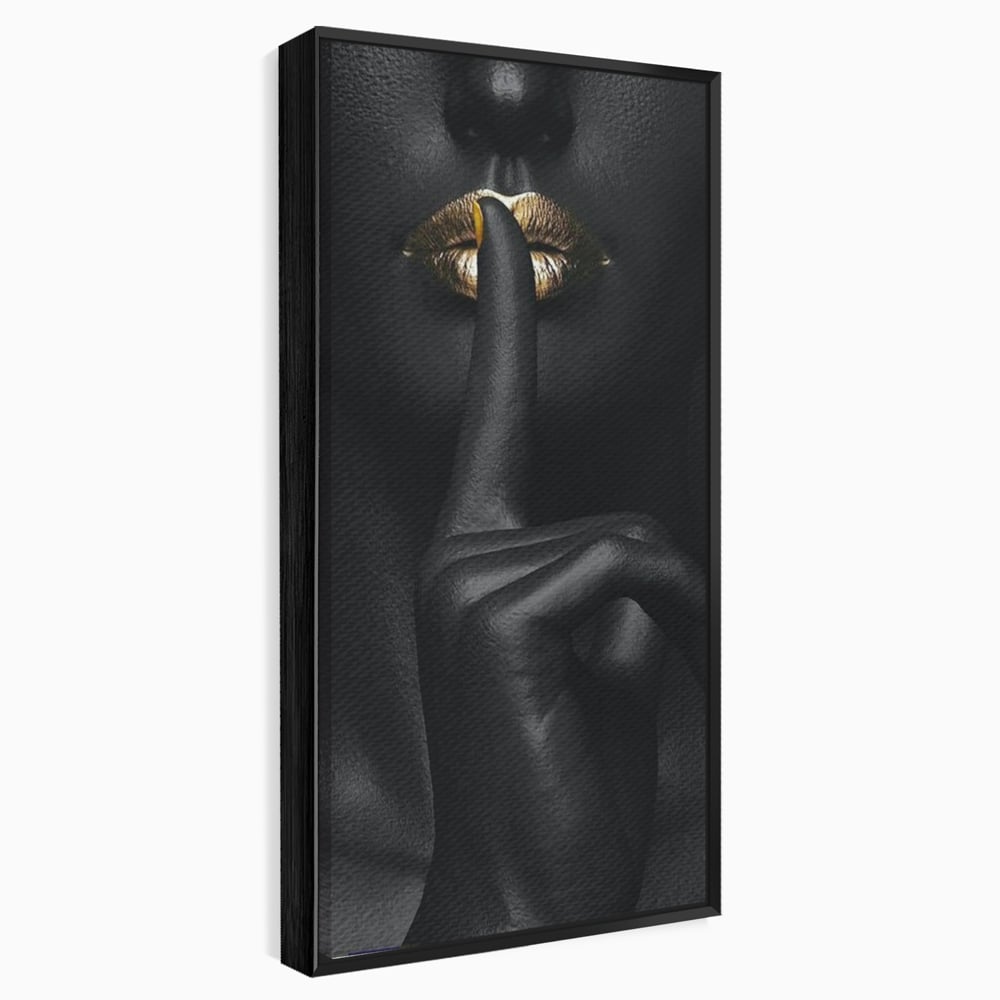 Tablou Canvas Premium, LuxCanva® P1018, Secretul Nostru, Auriu, Negru, Mister, Secret, Soapta, Buze, Senzual, Glamour, Dormitor, Living