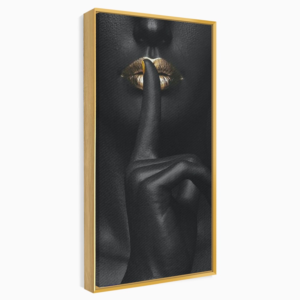 Tablou Canvas Premium, LuxCanva® P1018, Secretul Nostru, Auriu, Negru, Mister, Secret, Soapta, Buze, Senzual, Glamour, Dormitor, Living