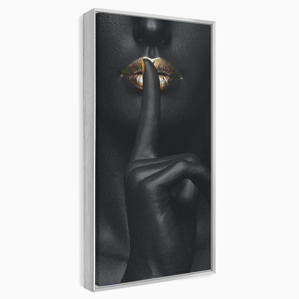 Tablou Canvas Premium, LuxCanva® P1018, Secretul Nostru, Auriu, Negru, Mister, Secret, Soapta, Buze, Senzual, Glamour, Dormitor, Living