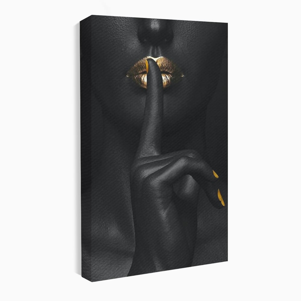 Tablou Canvas Premium, LuxCanva® P1018, Secretul Nostru, Auriu, Negru, Mister, Secret, Soapta, Buze, Senzual, Glamour, Dormitor, Living