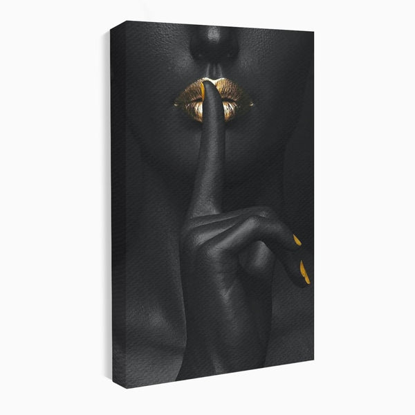 Tablou Canvas Premium, LuxCanva® P1018, Secretul Nostru, Auriu, Negru, Mister, Secret, Soapta, Buze, Senzual, Glamour, Dormitor, Living