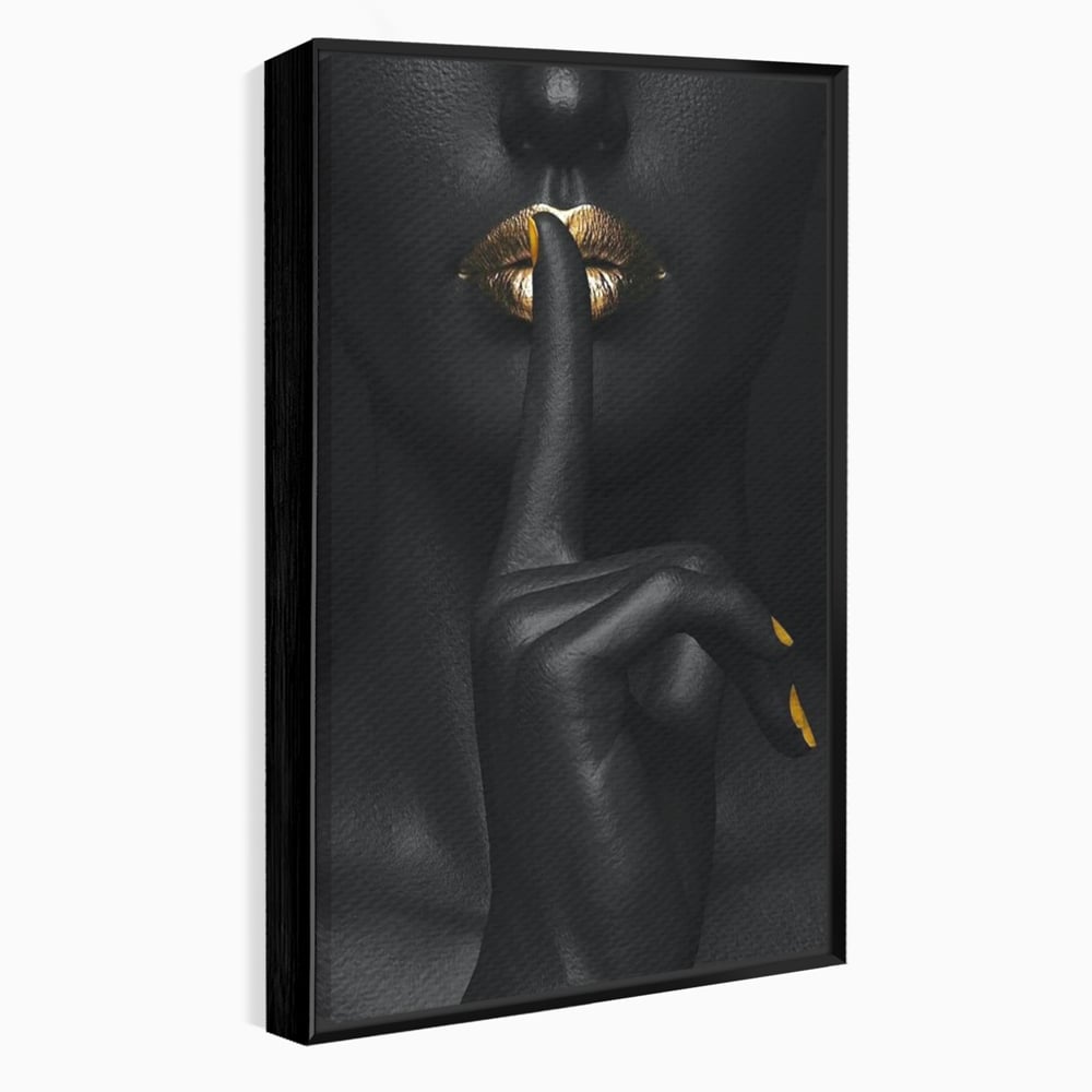 Tablou Canvas Premium, LuxCanva® P1018, Secretul Nostru, Auriu, Negru, Mister, Secret, Soapta, Buze, Senzual, Glamour, Dormitor, Living
