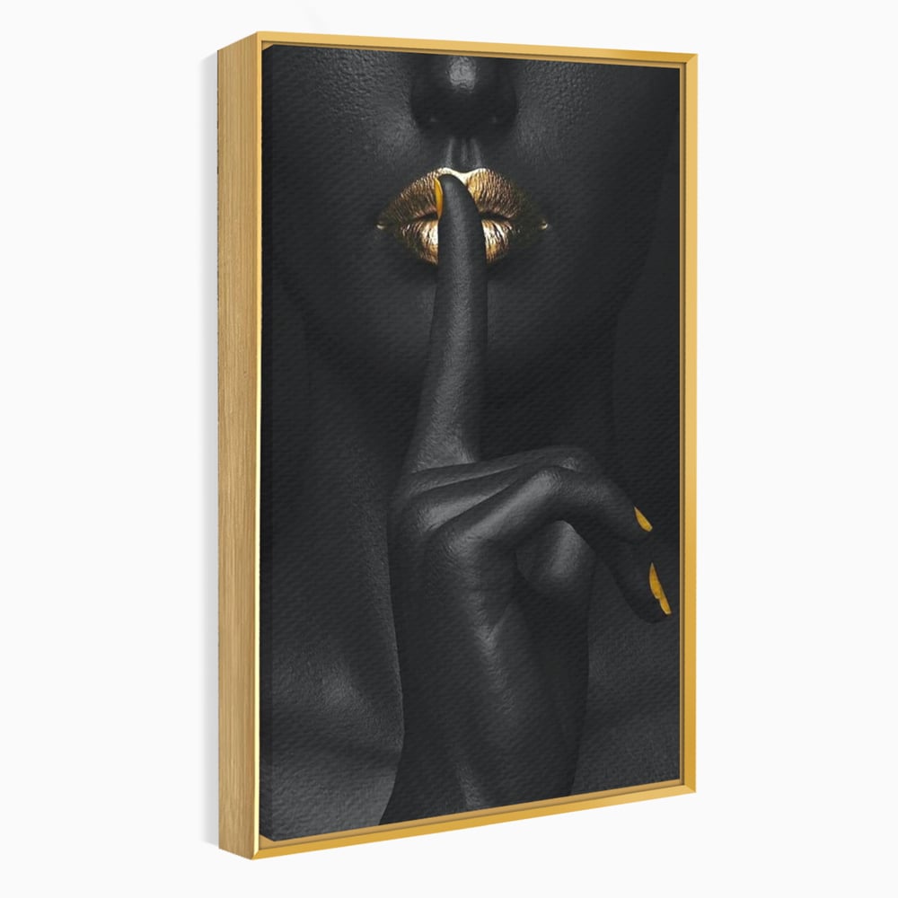 Tablou Canvas Premium, LuxCanva® P1018, Secretul Nostru, Auriu, Negru, Mister, Secret, Soapta, Buze, Senzual, Glamour, Dormitor, Living
