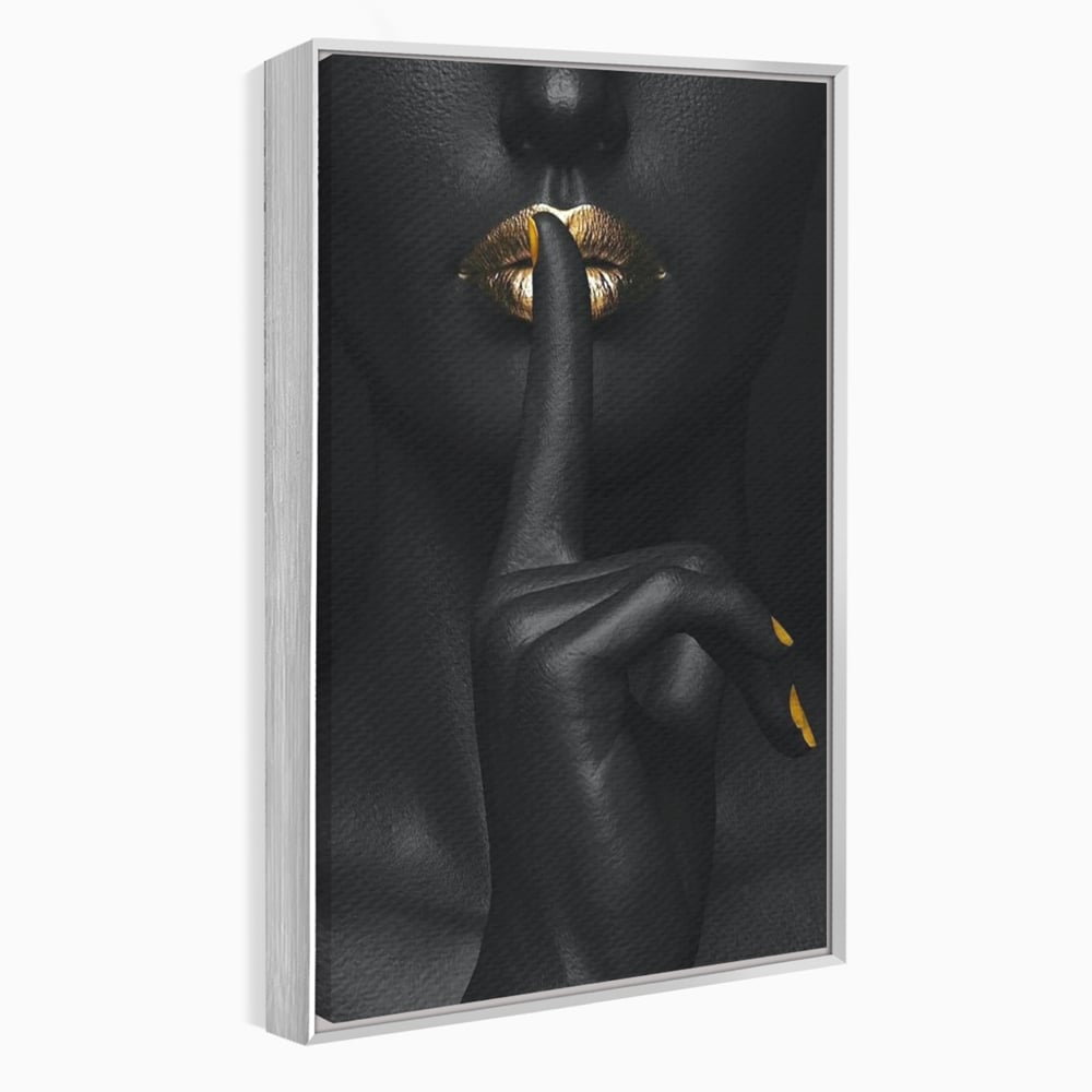 Tablou Canvas Premium, LuxCanva® P1018, Secretul Nostru, Auriu, Negru, Mister, Secret, Soapta, Buze, Senzual, Glamour, Dormitor, Living