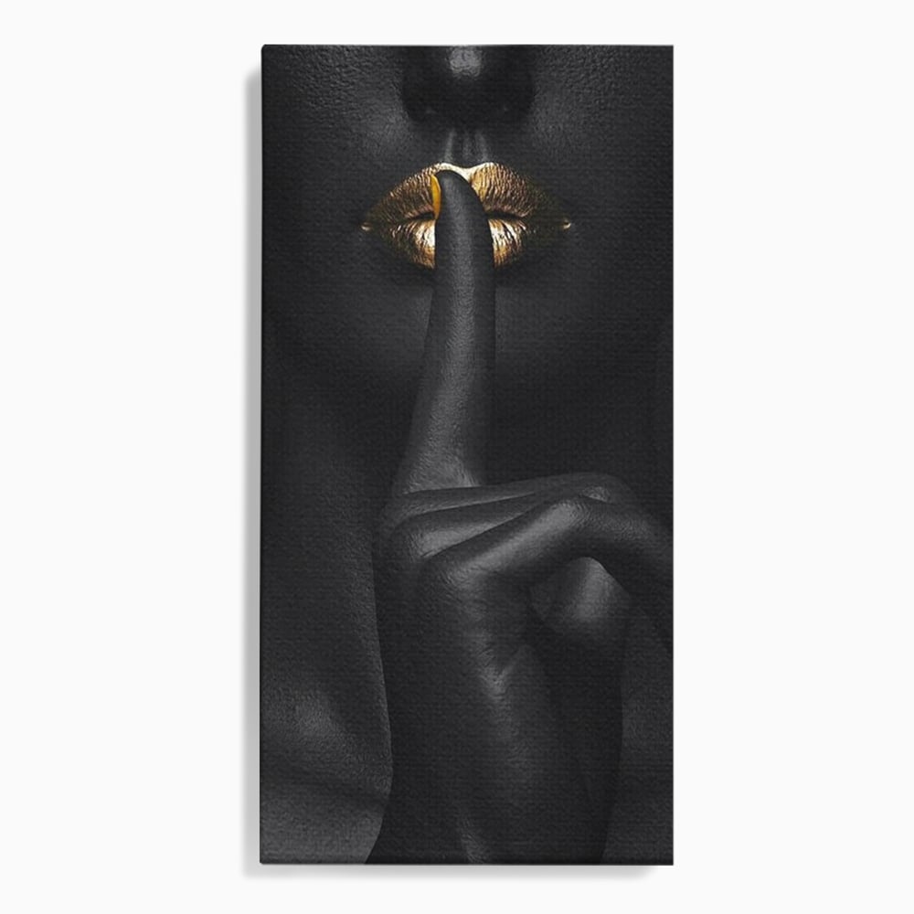 Tablou Canvas Premium, LuxCanva® P1018, Secretul Nostru, Auriu, Negru, Mister, Secret, Soapta, Buze, Senzual, Glamour, Dormitor, Living