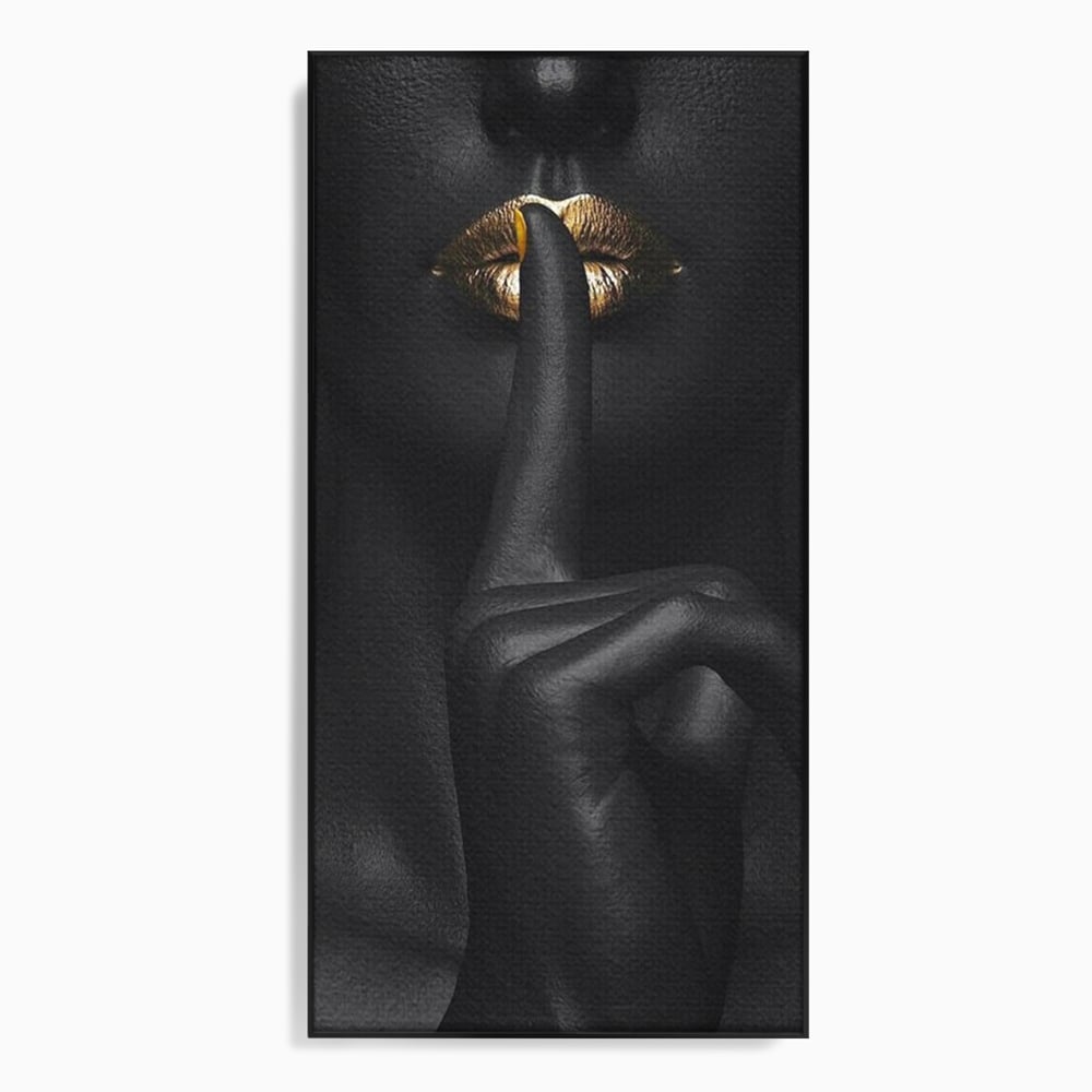 Tablou Canvas Premium, LuxCanva® P1018, Secretul Nostru, Auriu, Negru, Mister, Secret, Soapta, Buze, Senzual, Glamour, Dormitor, Living