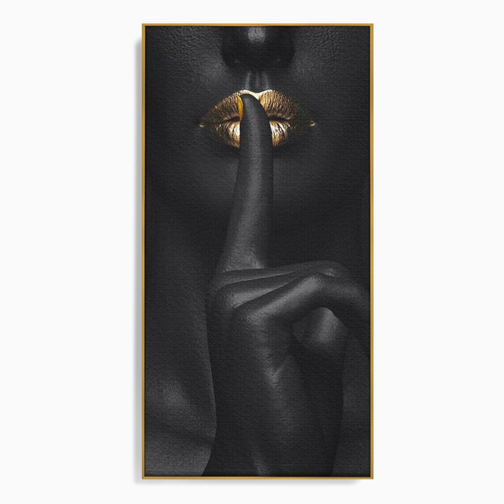 Tablou Canvas Premium, LuxCanva® P1018, Secretul Nostru, Auriu, Negru, Mister, Secret, Soapta, Buze, Senzual, Glamour, Dormitor, Living