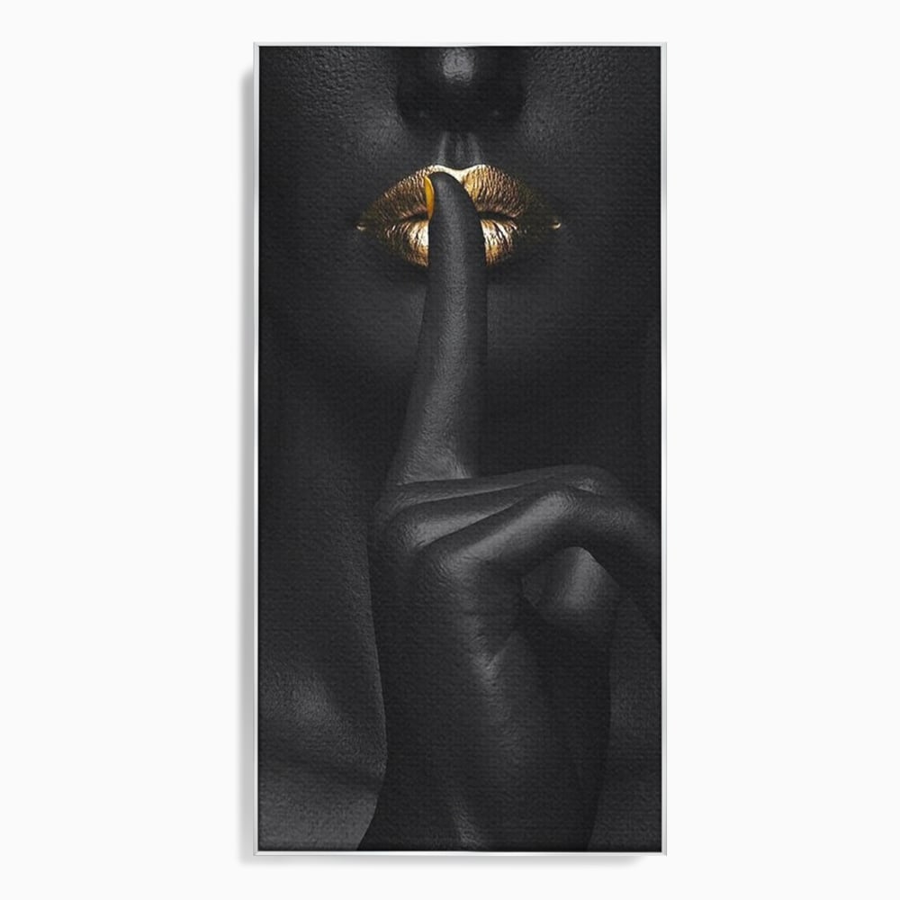 Tablou Canvas Premium, LuxCanva® P1018, Secretul Nostru, Auriu, Negru, Mister, Secret, Soapta, Buze, Senzual, Glamour, Dormitor, Living