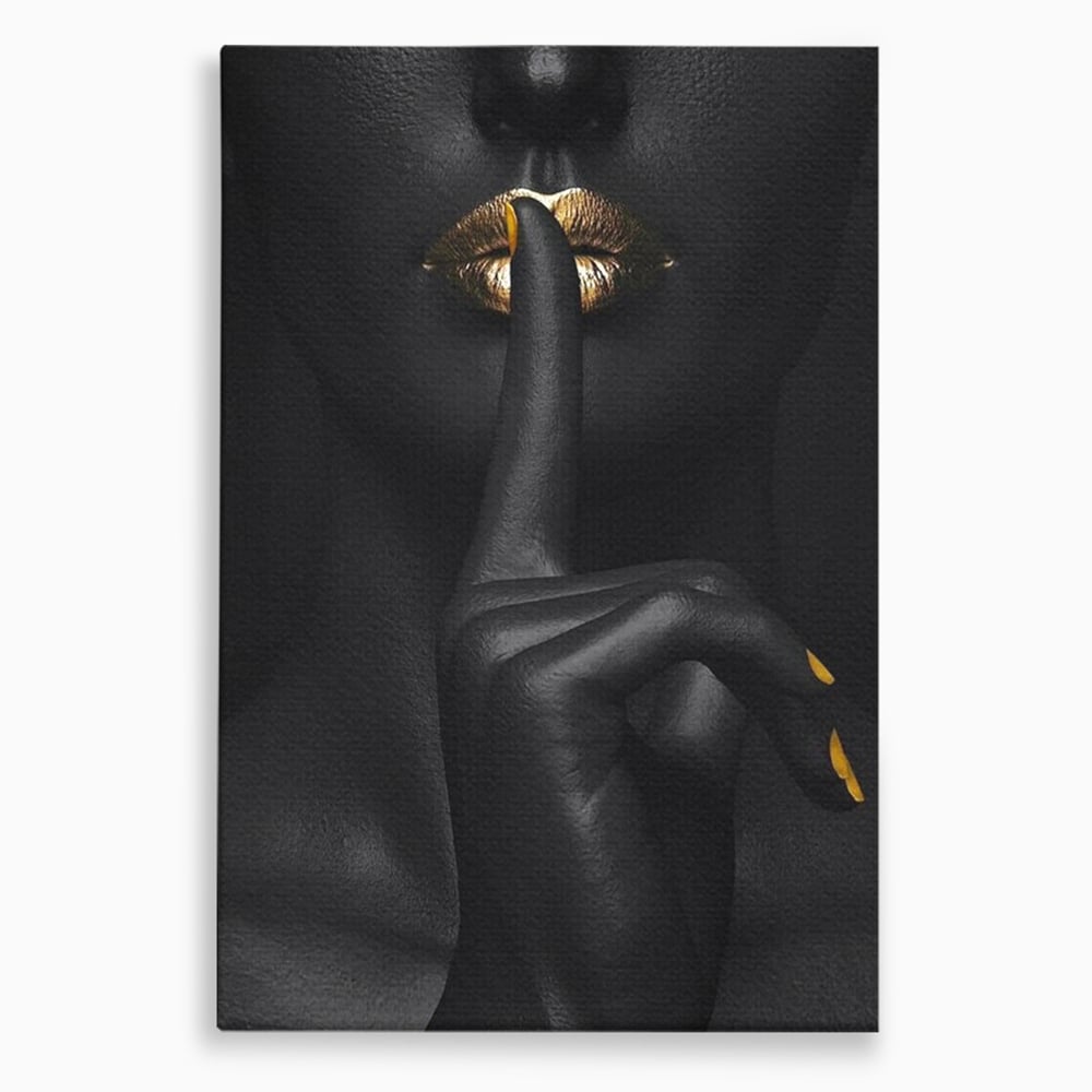 Tablou Canvas Premium, LuxCanva® P1018, Secretul Nostru, Auriu, Negru, Mister, Secret, Soapta, Buze, Senzual, Glamour, Dormitor, Living