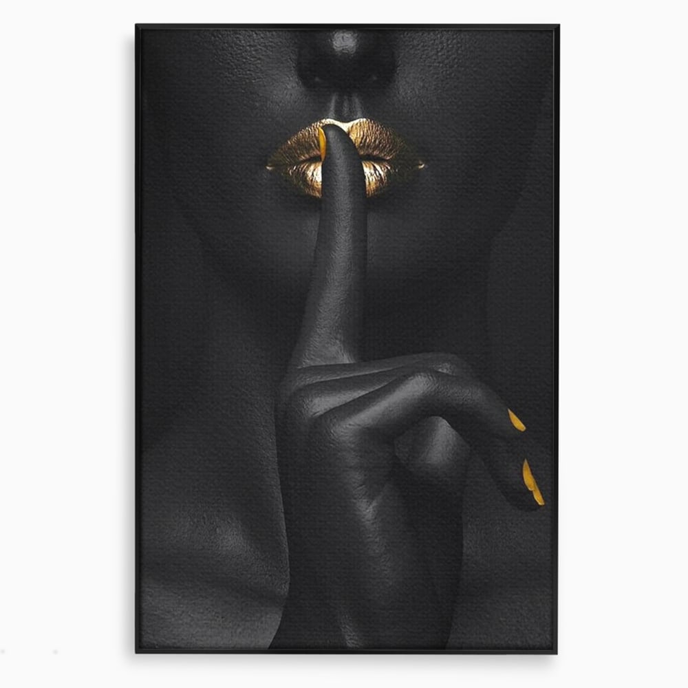 Tablou Canvas Premium, LuxCanva® P1018, Secretul Nostru, Auriu, Negru, Mister, Secret, Soapta, Buze, Senzual, Glamour, Dormitor, Living