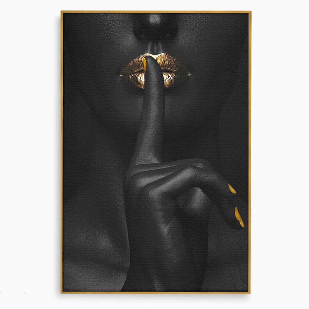 Tablou Canvas Premium, LuxCanva® P1018, Secretul Nostru, Auriu, Negru, Mister, Secret, Soapta, Buze, Senzual, Glamour, Dormitor, Living