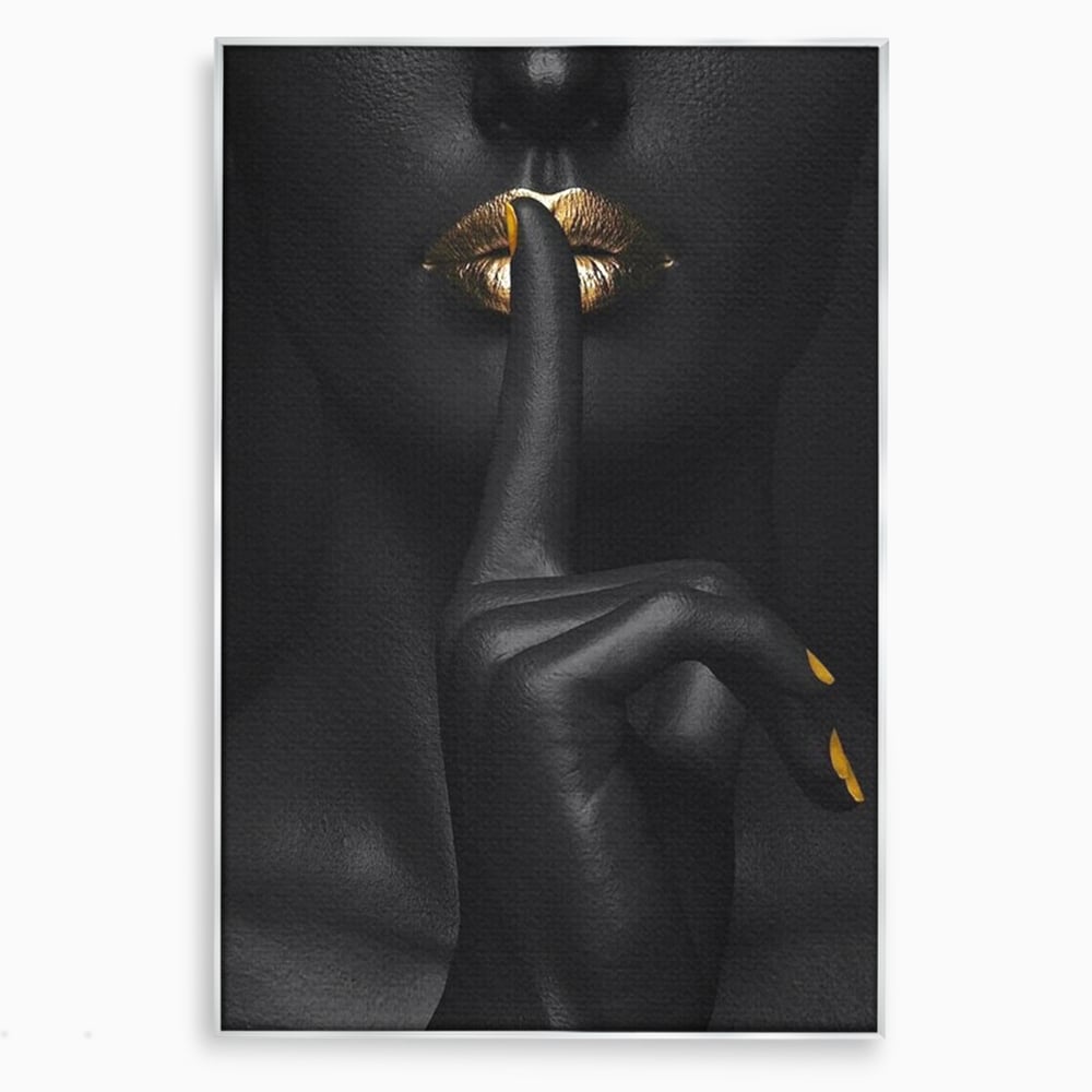 Tablou Canvas Premium, LuxCanva® P1018, Secretul Nostru, Auriu, Negru, Mister, Secret, Soapta, Buze, Senzual, Glamour, Dormitor, Living