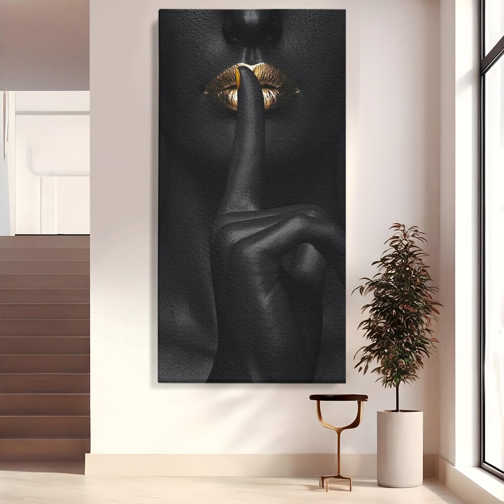 Tablou Canvas Premium, LuxCanva® P1018, Secretul Nostru, Auriu, Negru, Mister, Secret, Soapta, Buze, Senzual, Glamour, Dormitor, Living