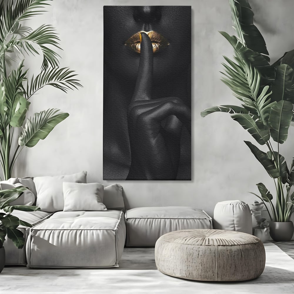 Tablou Canvas Premium, LuxCanva® P1018, Secretul Nostru, Auriu, Negru, Mister, Secret, Soapta, Buze, Senzual, Glamour, Dormitor, Living