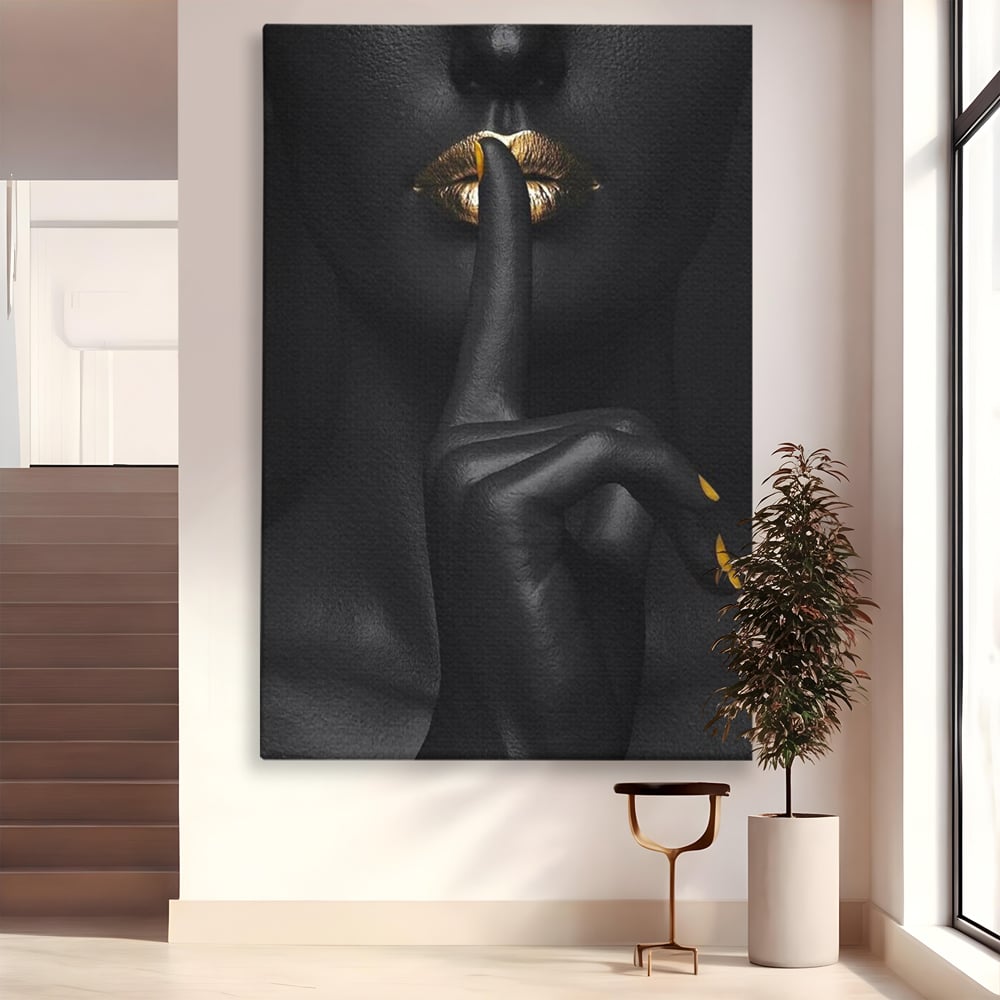 Tablou Canvas Premium, LuxCanva® P1018, Secretul Nostru, Auriu, Negru, Mister, Secret, Soapta, Buze, Senzual, Glamour, Dormitor, Living