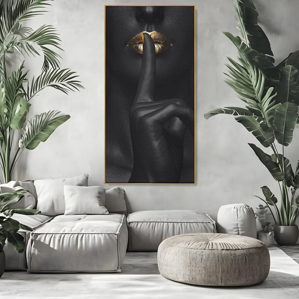 Tablou Canvas Premium, LuxCanva® P1018, Secretul Nostru, Auriu, Negru, Mister, Secret, Soapta, Buze, Senzual, Glamour, Dormitor, Living