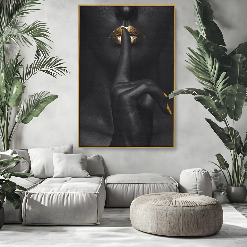 Tablou Canvas Premium, LuxCanva® P1018, Secretul Nostru, Auriu, Negru, Mister, Secret, Soapta, Buze, Senzual, Glamour, Dormitor, Living