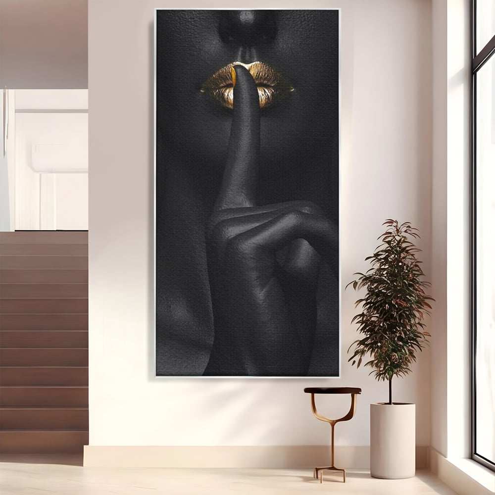 Tablou Canvas Premium, LuxCanva® P1018, Secretul Nostru, Auriu, Negru, Mister, Secret, Soapta, Buze, Senzual, Glamour, Dormitor, Living