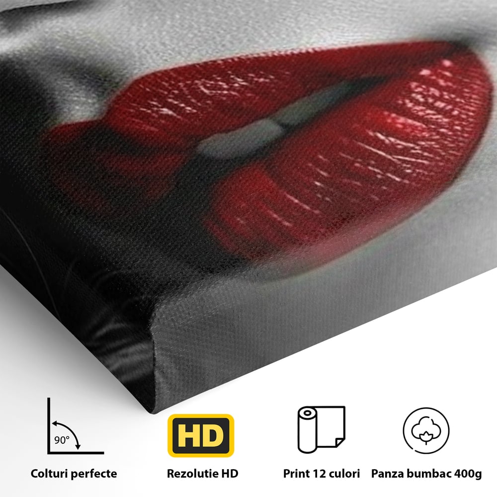 Tablou Canvas Premium, LuxCanva® P1020, Farmec Interzis, Femeie, Ruj, Rosu, Senzual, Buze, Sexy, Privire, Frumusete, Alb, Negru, Dormitor, Living