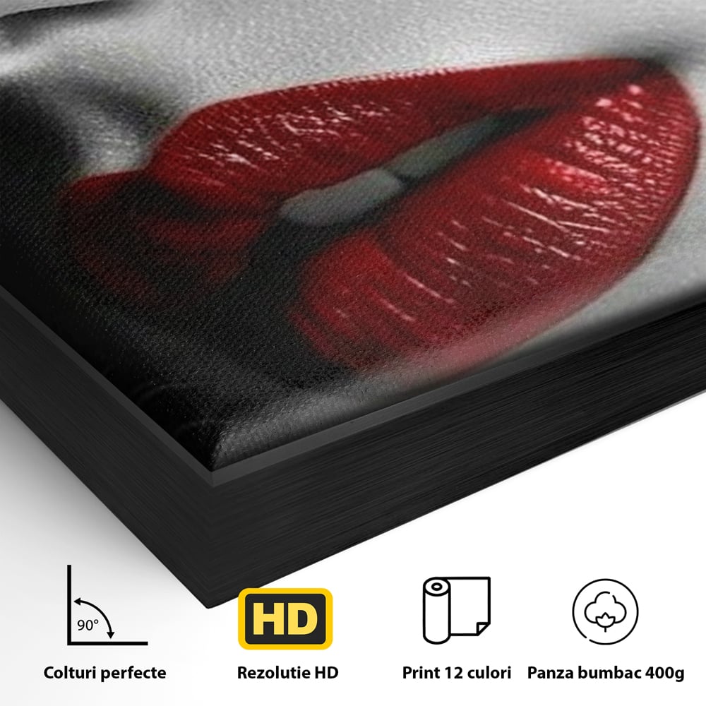 Tablou Canvas Premium, LuxCanva® P1020, Farmec Interzis, Femeie, Ruj, Rosu, Senzual, Buze, Sexy, Privire, Frumusete, Alb, Negru, Dormitor, Living