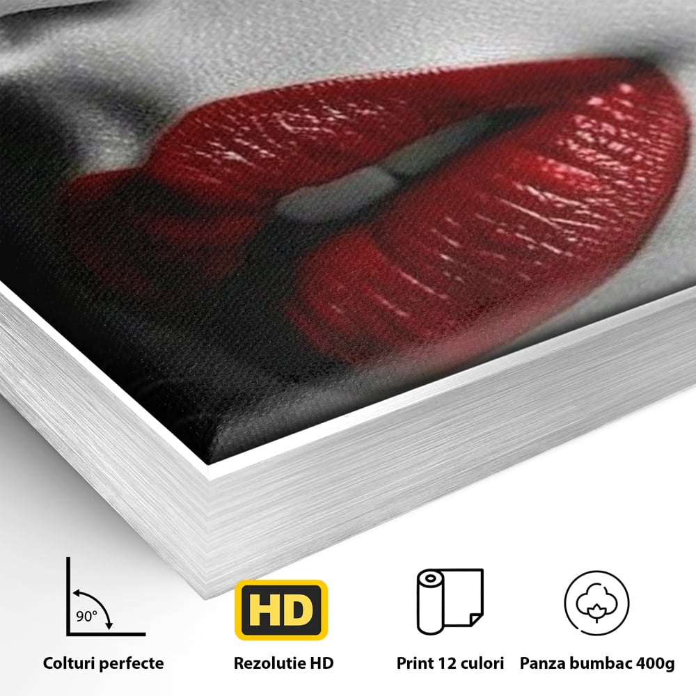 Tablou Canvas Premium, LuxCanva® P1020, Farmec Interzis, Femeie, Ruj, Rosu, Senzual, Buze, Sexy, Privire, Frumusete, Alb, Negru, Dormitor, Living