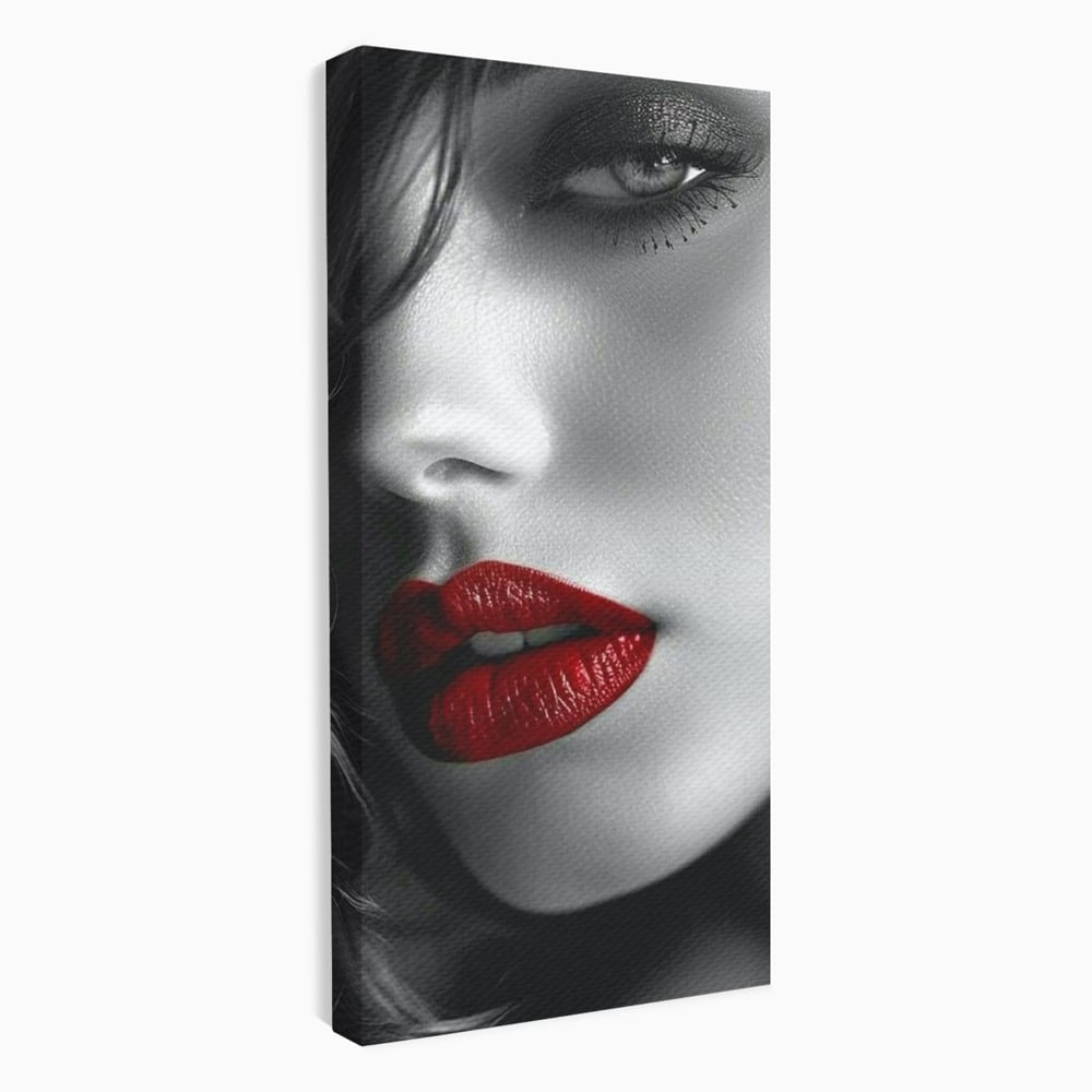 Tablou Canvas Premium, LuxCanva® P1020, Farmec Interzis, Femeie, Ruj, Rosu, Senzual, Buze, Sexy, Privire, Frumusete, Alb, Negru, Dormitor, Living
