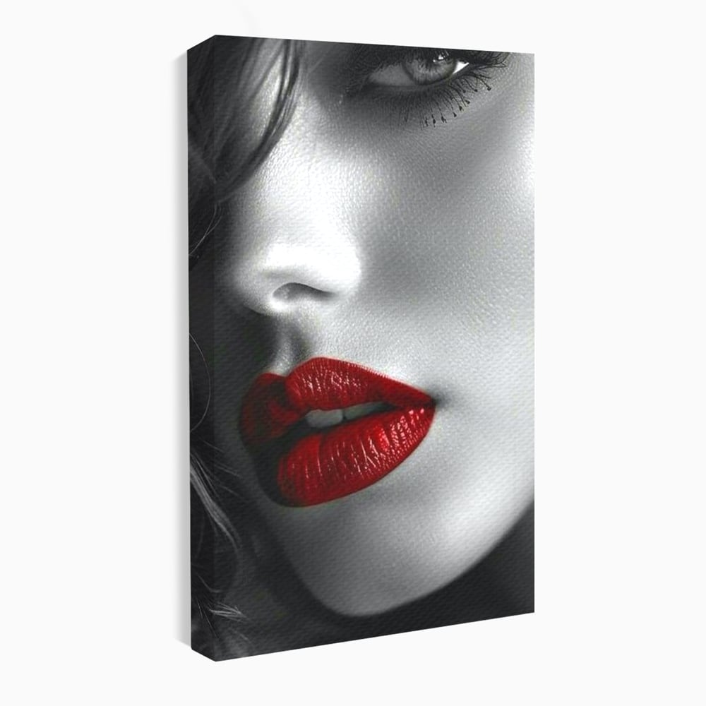 Tablou Canvas Premium, LuxCanva® P1020, Farmec Interzis, Femeie, Ruj, Rosu, Senzual, Buze, Sexy, Privire, Frumusete, Alb, Negru, Dormitor, Living