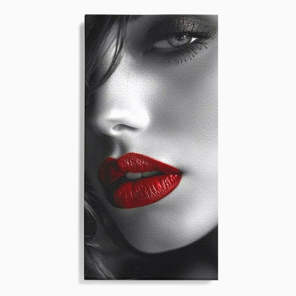 Tablou Canvas Premium, LuxCanva® P1020, Farmec Interzis, Femeie, Ruj, Rosu, Senzual, Buze, Sexy, Privire, Frumusete, Alb, Negru, Dormitor, Living