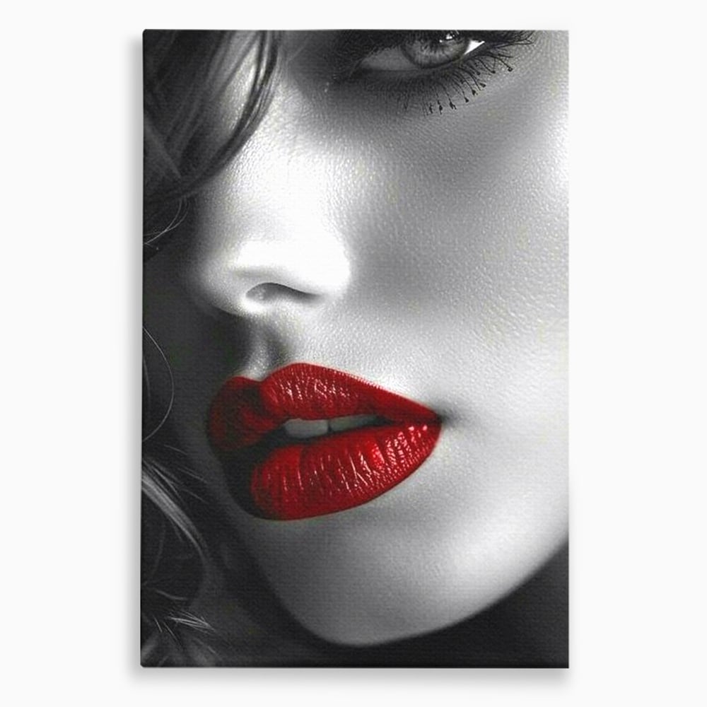 Tablou Canvas Premium, LuxCanva® P1020, Farmec Interzis, Femeie, Ruj, Rosu, Senzual, Buze, Sexy, Privire, Frumusete, Alb, Negru, Dormitor, Living