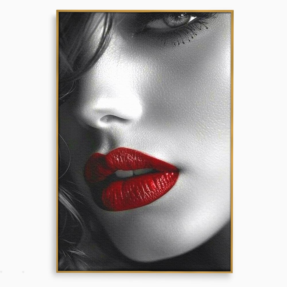 Tablou Canvas Premium, LuxCanva® P1020, Farmec Interzis, Femeie, Ruj, Rosu, Senzual, Buze, Sexy, Privire, Frumusete, Alb, Negru, Dormitor, Living